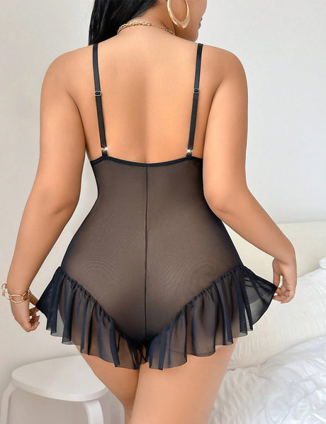 Women Plus Size Floral Embroidered Sheer Mesh Teddy | PRUSES