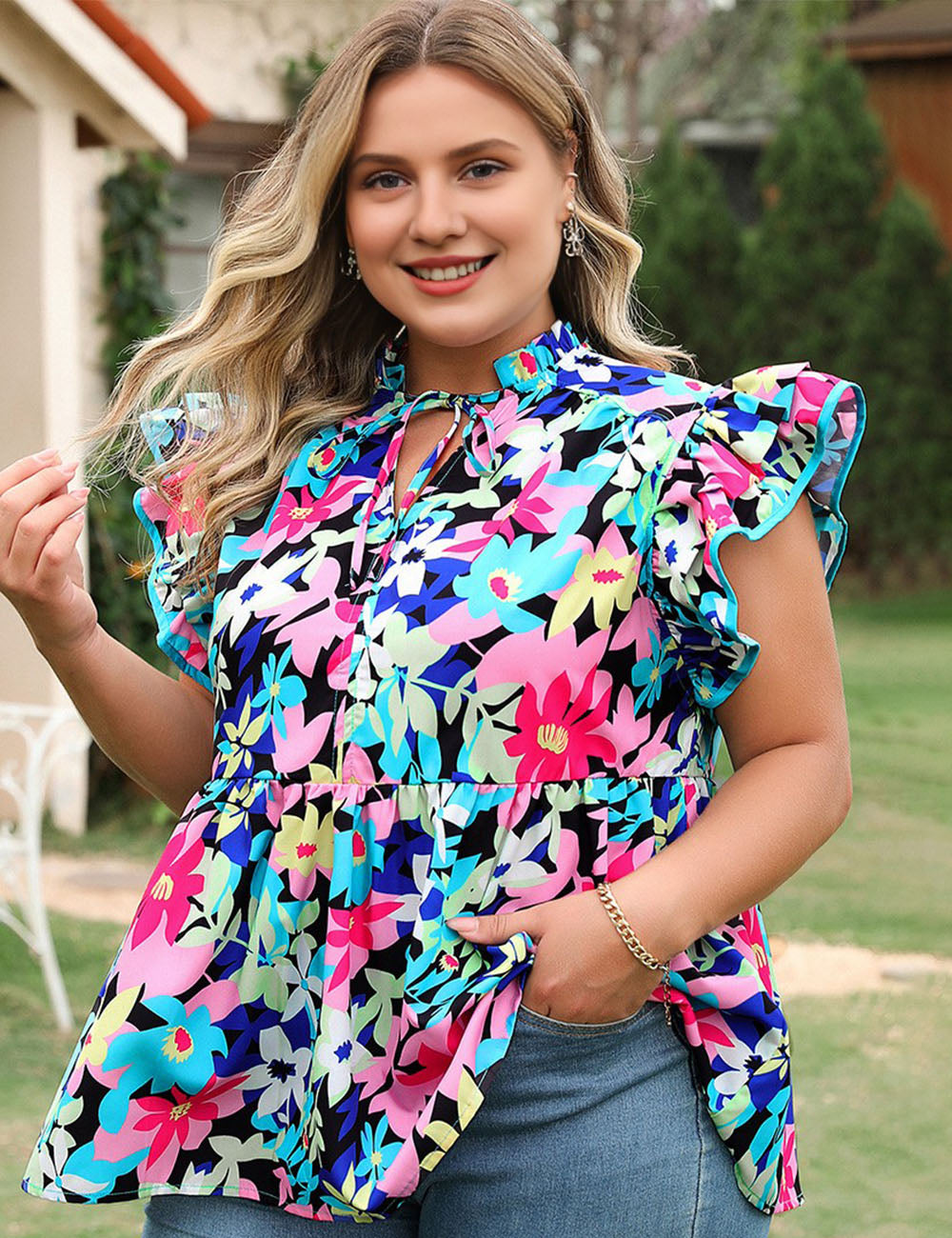 Women_Plus_Size_Floral_Flutter_Sleeve_Tied_Blouse_PRUSES_2