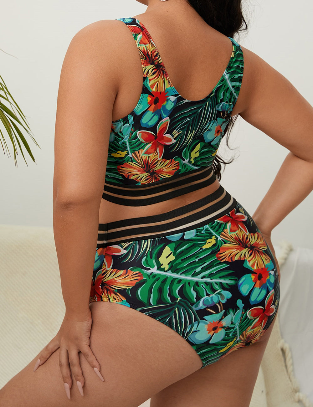 Women Plus Size Floral High Waist Bikini Size V Neck Tank Top Two Piece Swimsuit-5
