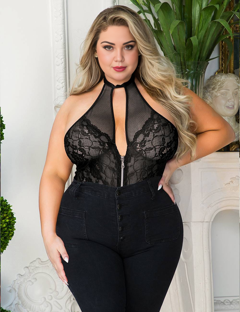 Women Plus Size Floral Lace Panel Open Back Zip Bodysuit-7
