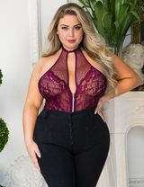 Women Plus Size Floral Lace Panel Open Back Zip Bodysuit-9