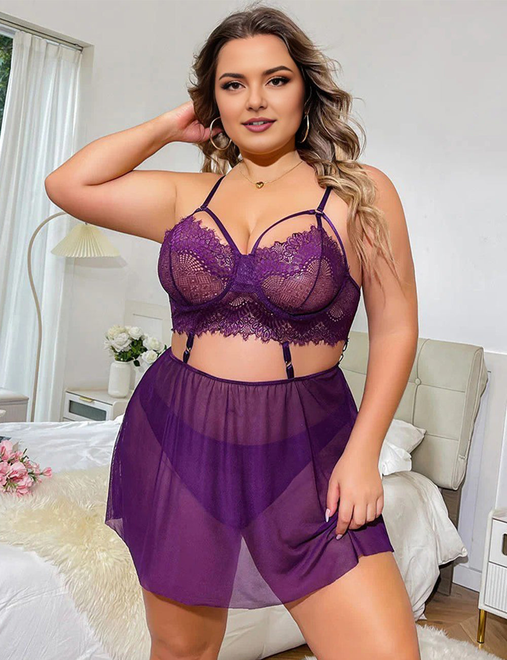 Women Plus Size Floral Lace Scallop Trim Underwire Babydoll