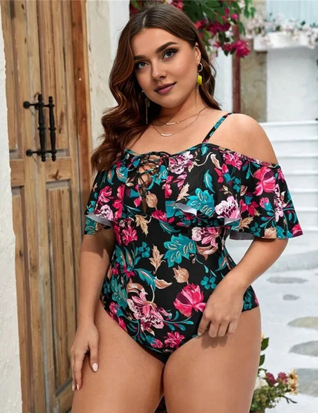 Women_Plus_Size_Floral_Print_Lace_Up_Front_Ruffle_Trim_One_Piece_Swimsuit_3