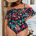 Women Plus Size Floral Print Lace Up Front Ruffle Trim One Piece Swimsuit