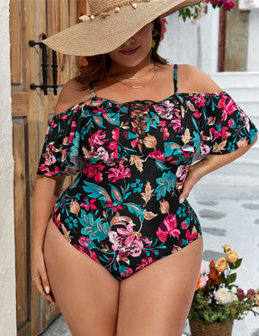Women Plus Size Floral Print Lace Up Front Ruffle Trim One Piece Swimsuit