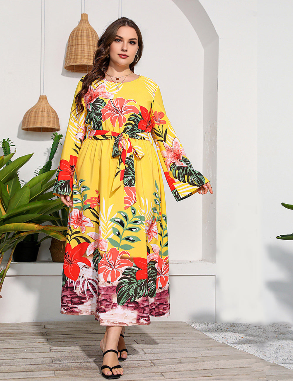 Women Plus Size Floral Print Tie Waist Slim Fashion Dress-1