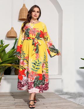 Women Plus Size Floral Print Tie Waist Slim Fashion Dress-1