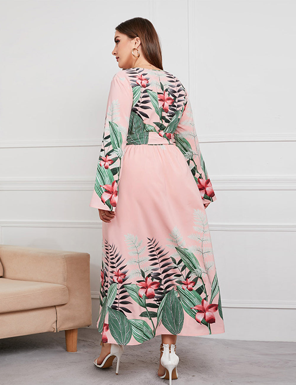 Women Plus Size Floral Print Tie Waist Slim Fashion Dress-7