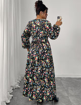Women Plus Size Floral Print V-Neck High Waist Dress