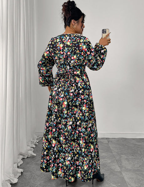 Women Plus Size Floral Print V-Neck High Waist Dress