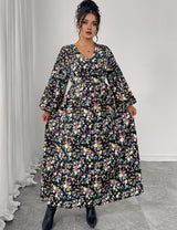 Women Plus Size Floral Print V-Neck High Waist Dress