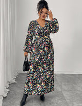 Women Plus Size Floral Print V-Neck High Waist Dress