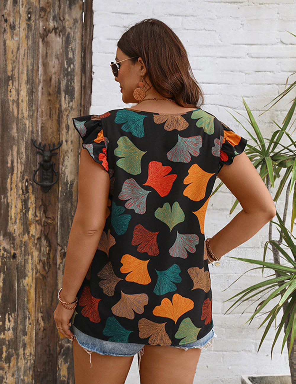 Women Plus Size Floral Printed Flying Sleeves Blouse | PRUSES-1