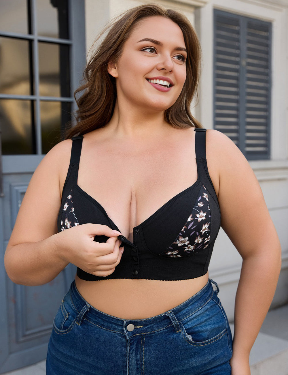Women Plus Size Floral Push-Up Front-Closure Bra