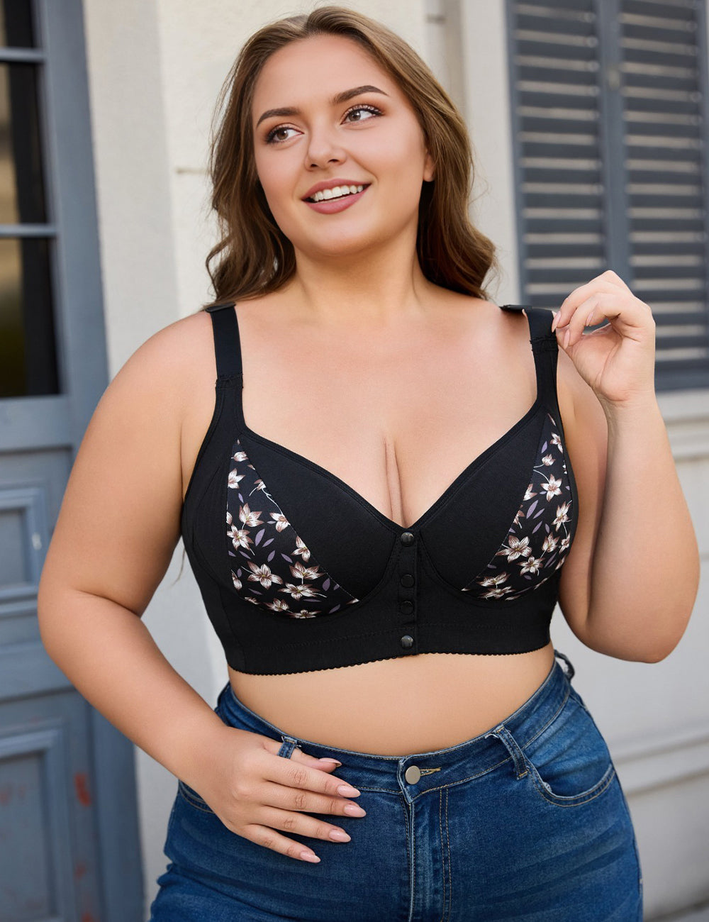 Women Plus Size Floral Push-Up Front-Closure Bra