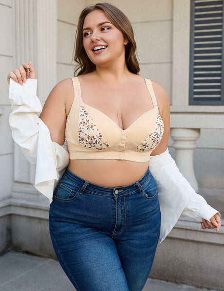 Women Plus Size Floral Push-Up Front-Closure Bra
