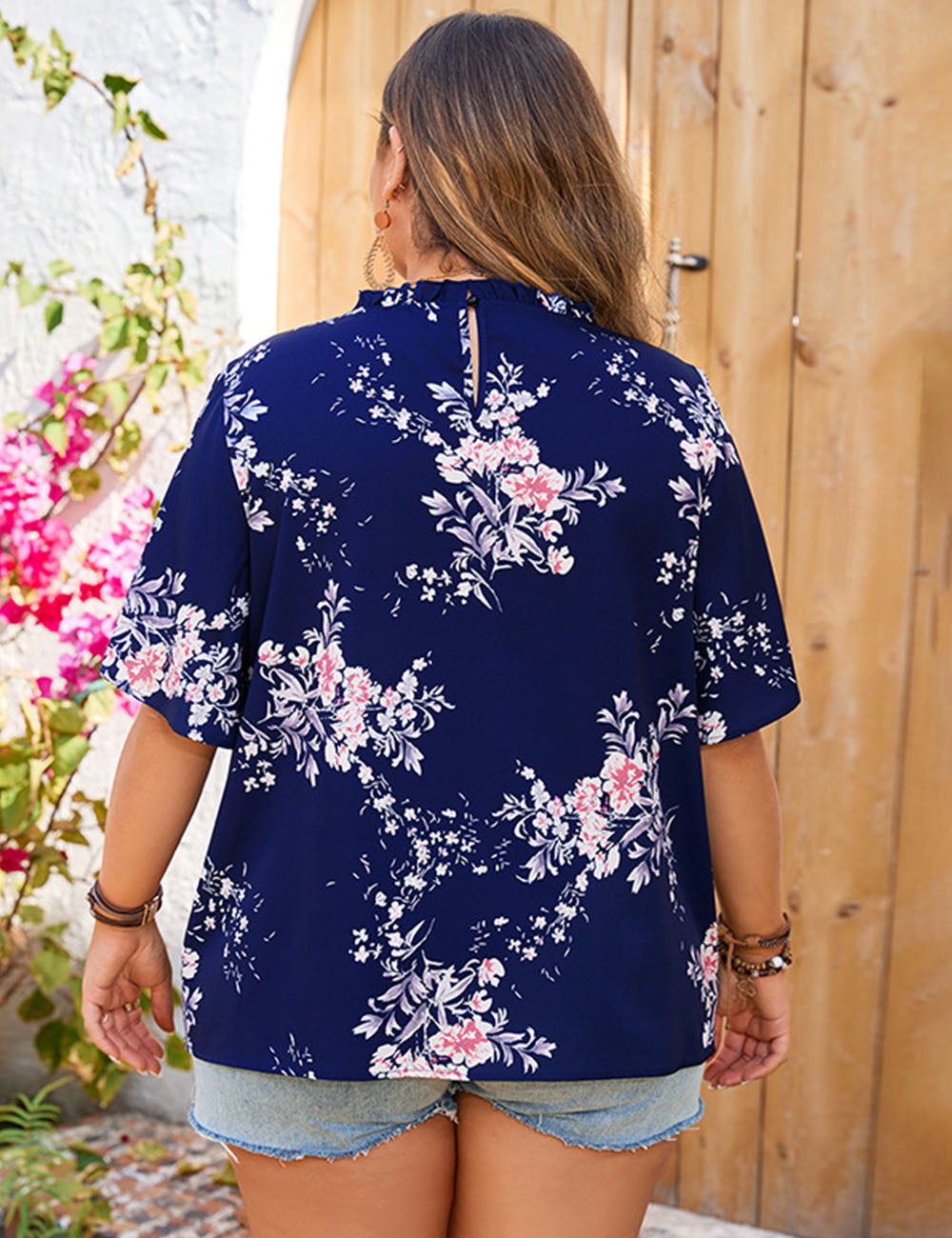 Women Plus Size Floral Short Sleeve Blouse Tops