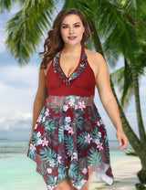 Women Plus Size Floral skirt One Piece Swimsuit-13