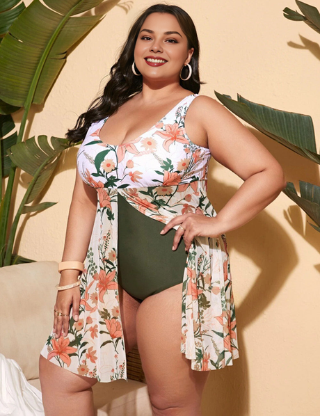 Women Plus Size Floral skirt One Piece Swimsuit-17
