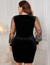 Women Plus Size Flower Embroidery Mesh Long Sleeve Velvet Dress