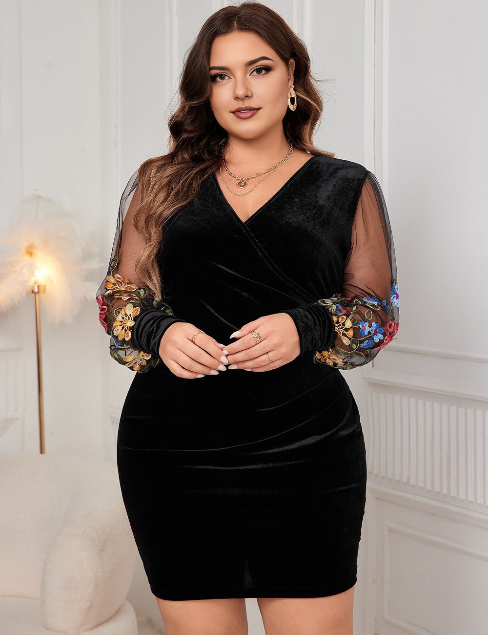 Women Plus Size Flower Embroidery Mesh Long Sleeve Velvet Dress