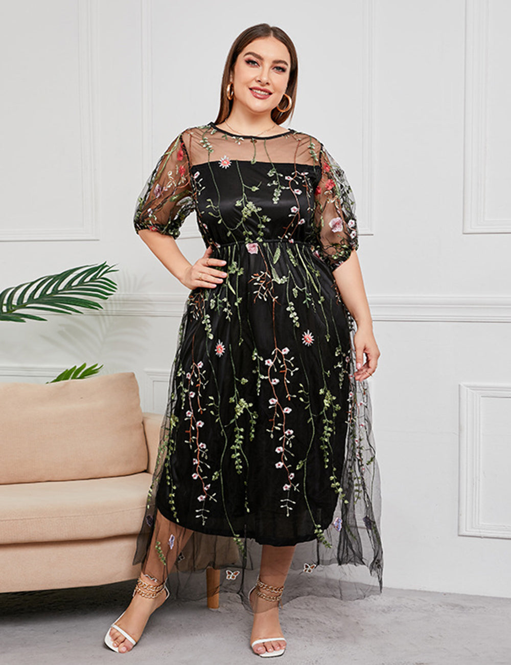 Women Plus Size French Hepburn Style Lace Dress-4