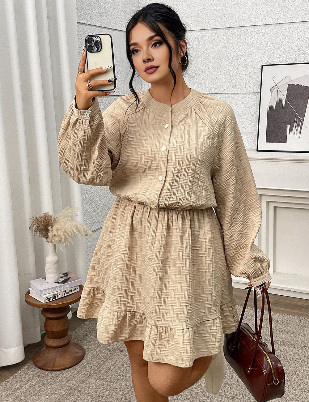 Women Plus Size French Vintage Jacquard Waist Dress
