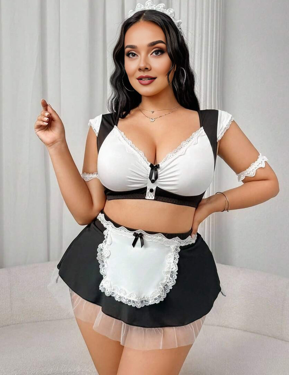 Women Plus Size Frill Trim Maid Costume Set