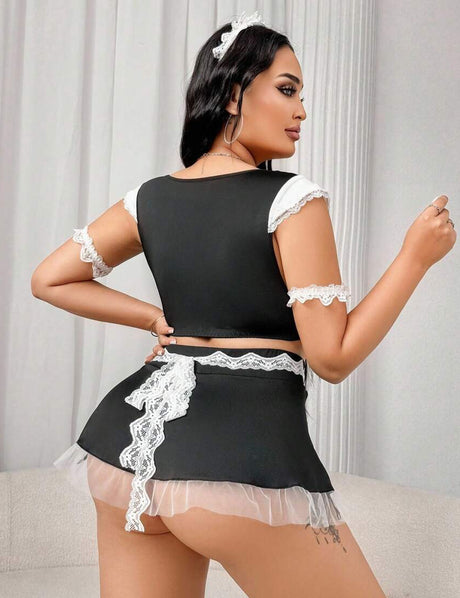 Women Plus Size Frill Trim Maid Costume Set