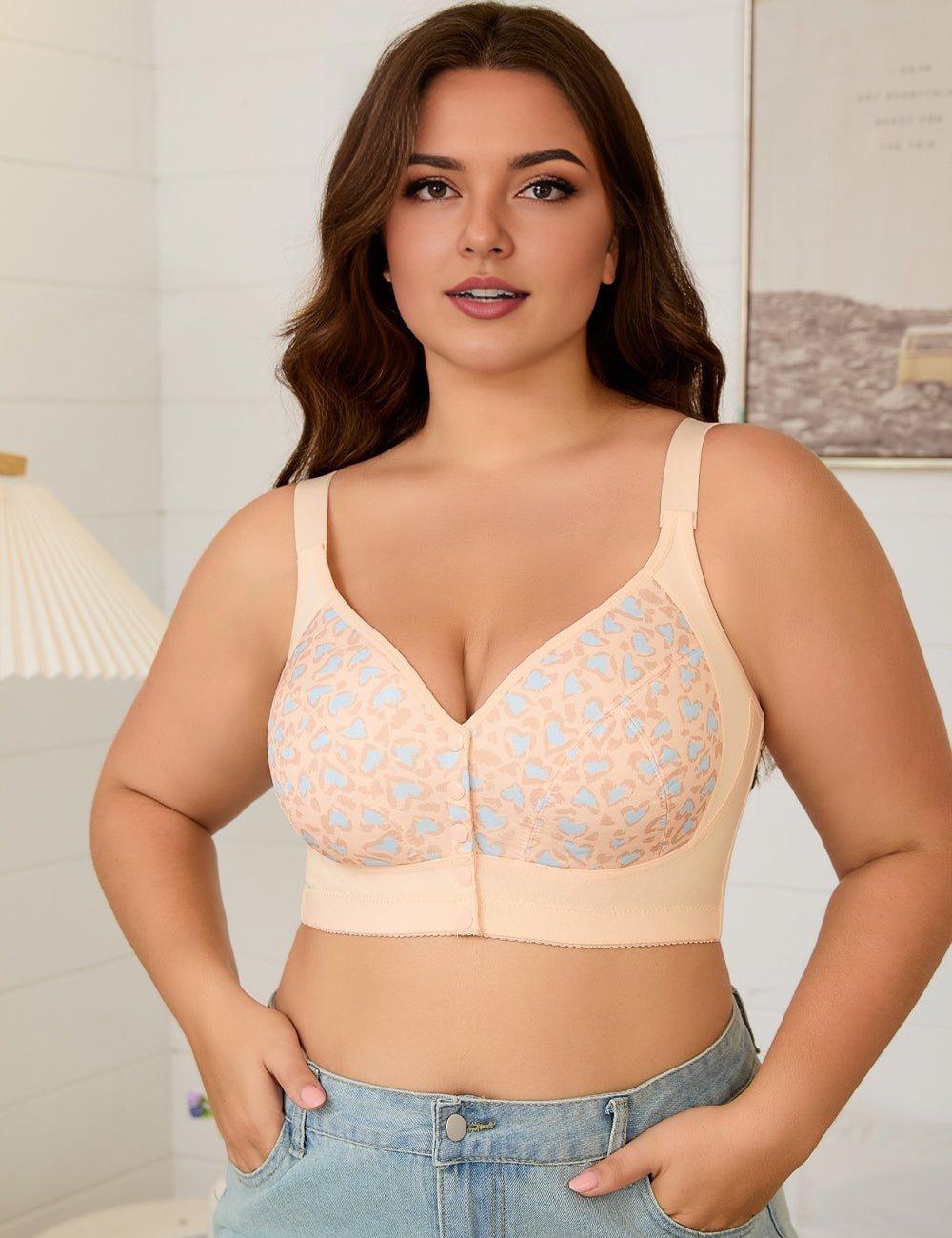 Women Plus Size Front-Button Leopard Print Bra