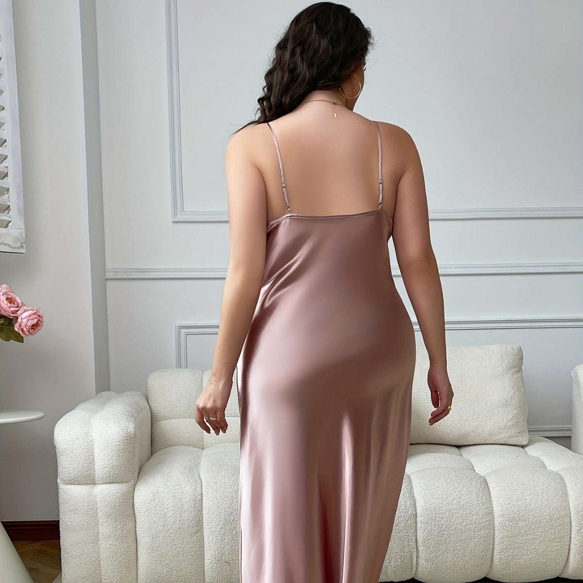 Women Plus Size Front Slit Flying Silk Solid Color Babydoll-1