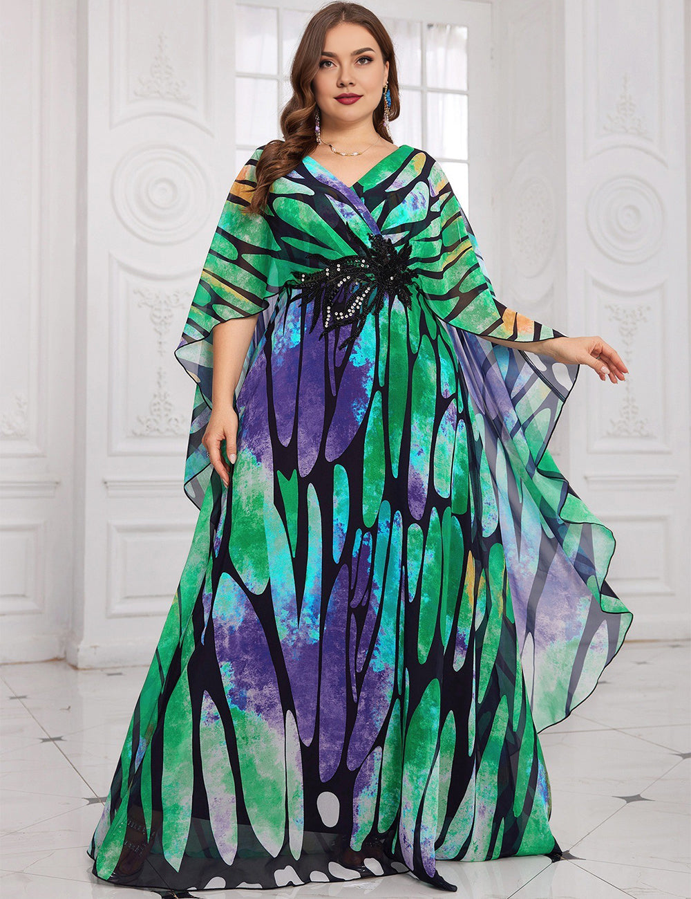 Women Plus Size Glamorous Beaded Waist Butterfly Cape Evening Dress