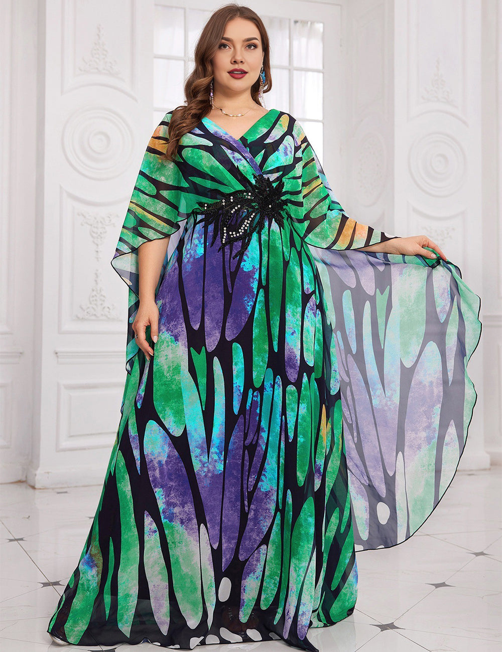 Women Plus Size Glamorous Beaded Waist Butterfly Cape Evening Dress