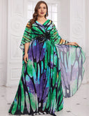 Women Plus Size Glamorous Beaded Waist Butterfly Cape Evening Dress