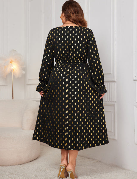 Women Plus Size Gold Dot Print Lantern Sleeve Dress