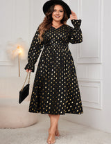Women Plus Size Gold Dot Print Lantern Sleeve Dress