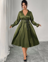 Women Plus Size Green Elegant Tie-Waist Midi Dress