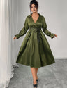 Women Plus Size Green Elegant Tie-Waist Midi Dress