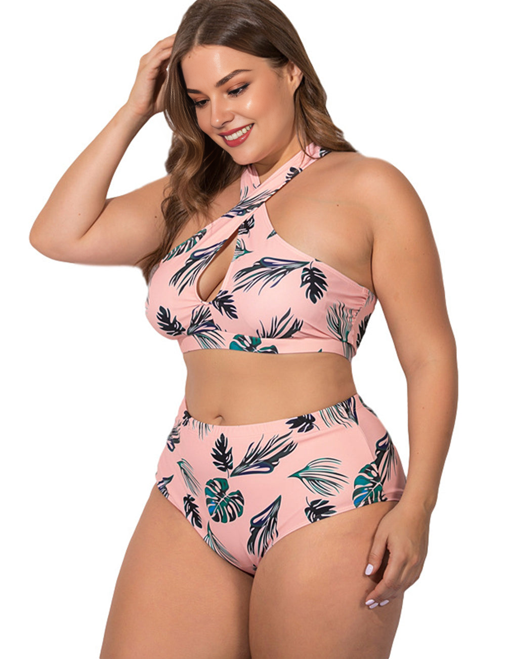 Women Plus Size Green Leaf Cross Surrounded Two Piece Swimsuit-3