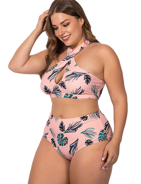 Women Plus Size Green Leaf Cross Surrounded Two Piece Swimsuit-3