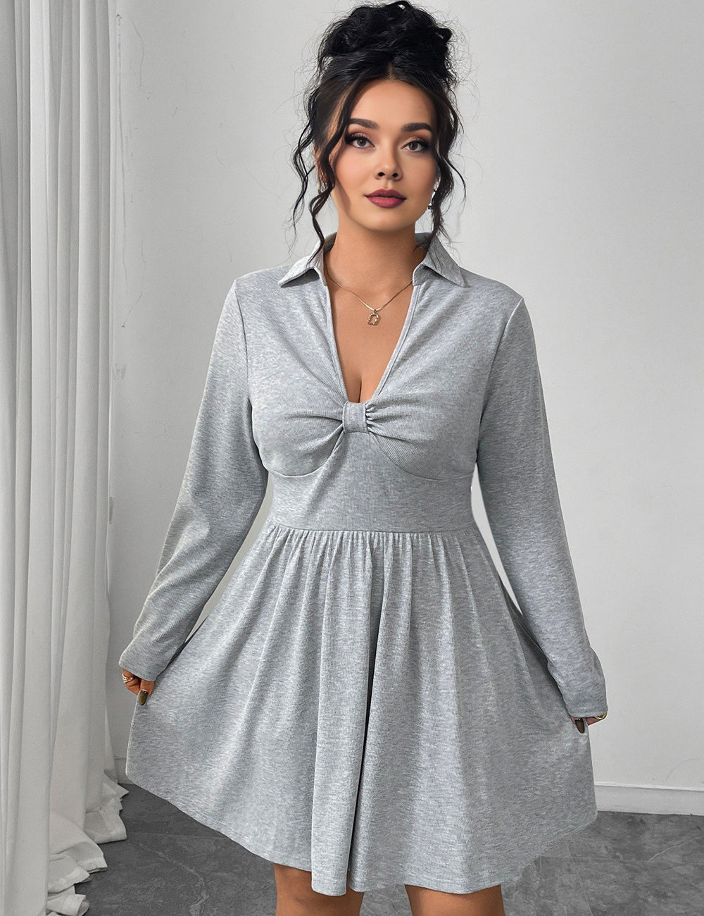 Women Plus Size Grey Polo Collar Knot-Front A-Line Dress