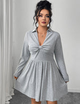 Women Plus Size Grey Polo Collar Knot-Front A-Line Dress