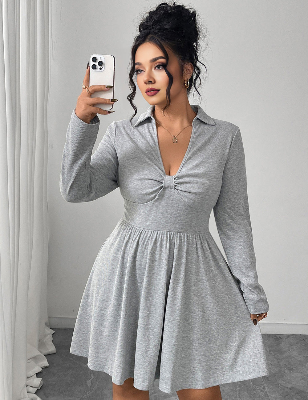 Women Plus Size Grey Polo Collar Knot-Front A-Line Dress