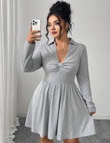 Women Plus Size Grey Polo Collar Knot-Front A-Line Dress