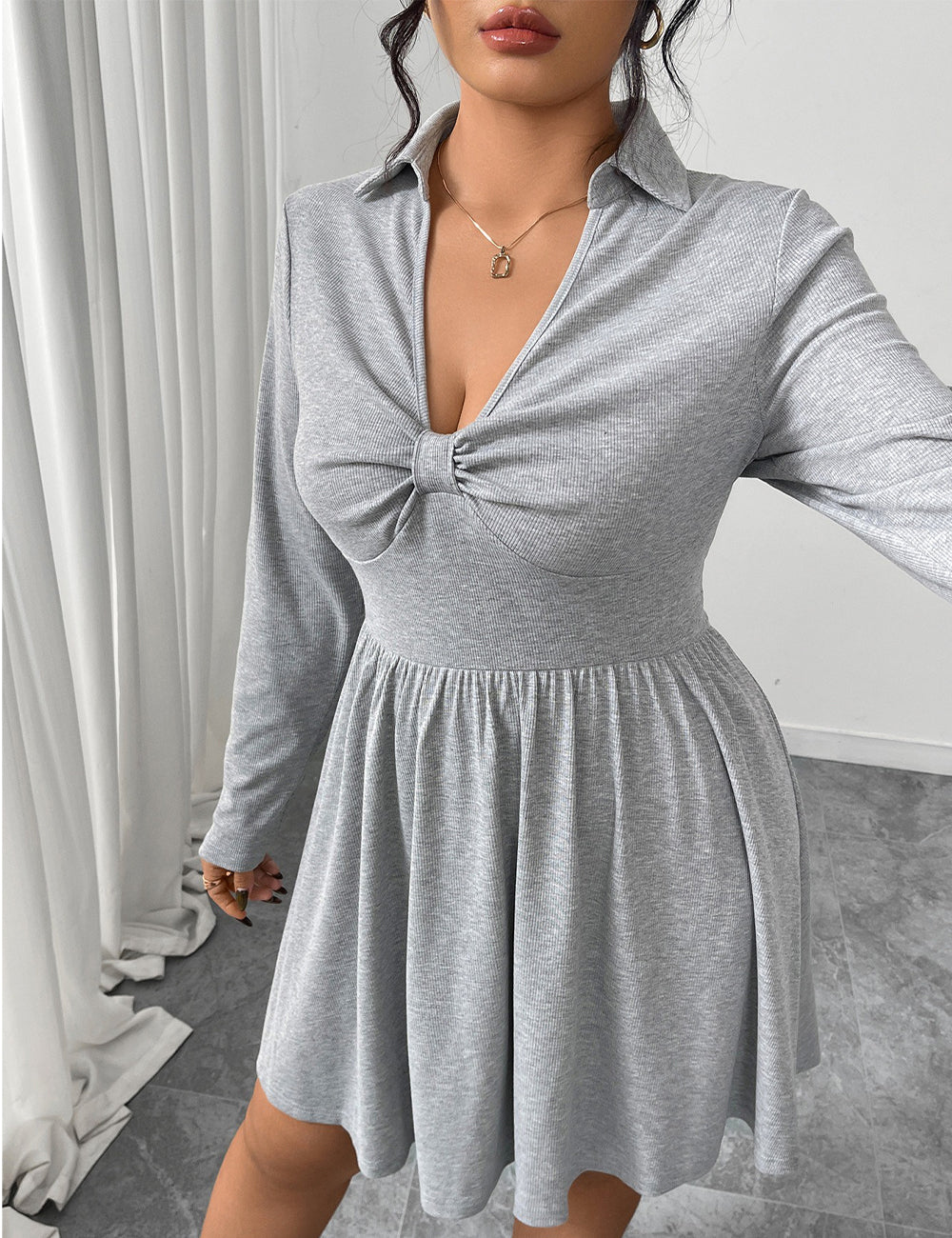 Women Plus Size Grey Polo Collar Knot-Front A-Line Dress