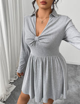 Women Plus Size Grey Polo Collar Knot-Front A-Line Dress