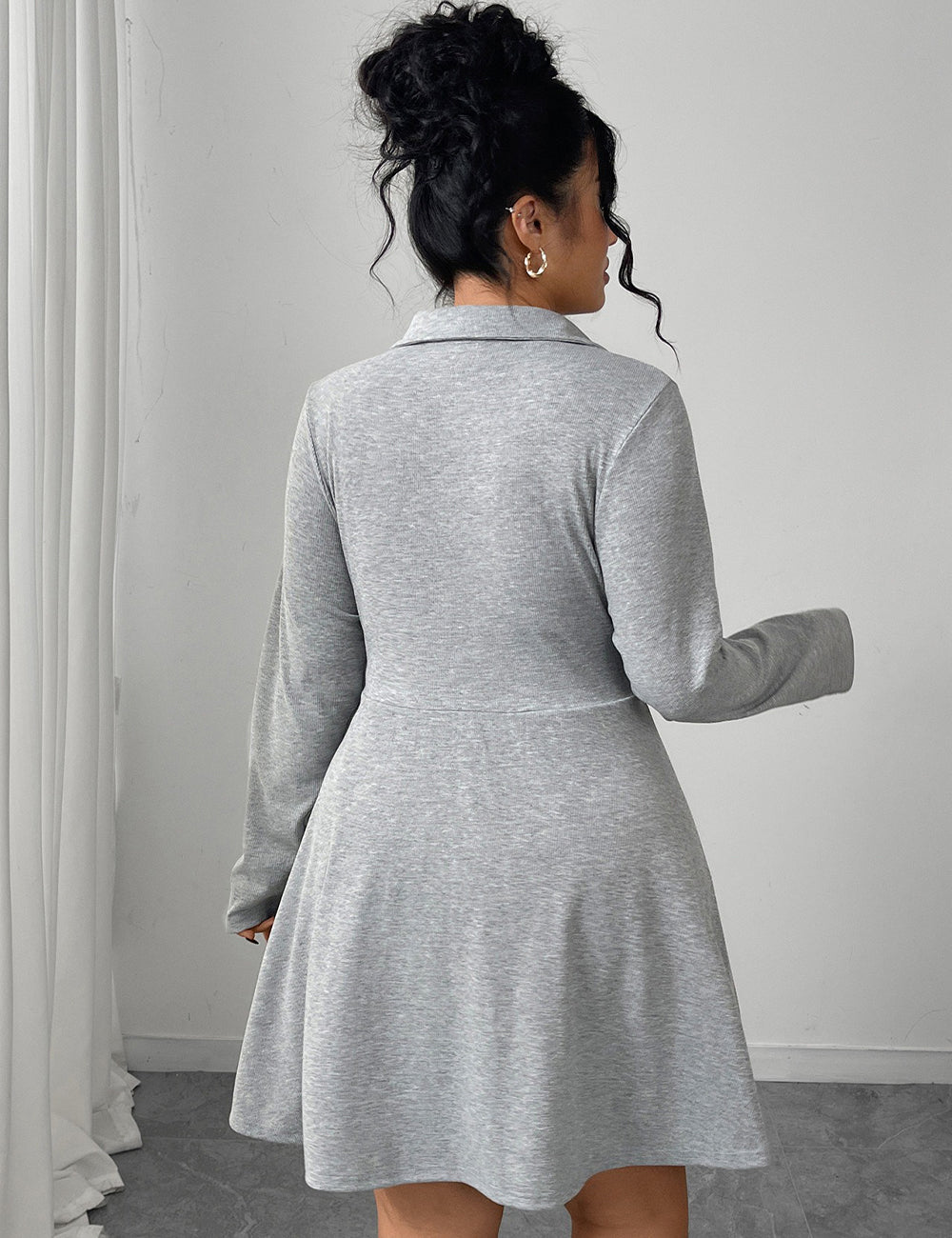 Women Plus Size Grey Polo Collar Knot-Front A-Line Dress