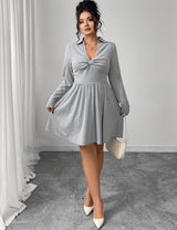Women Plus Size Grey Polo Collar Knot-Front A-Line Dress