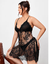 Women Plus Size H Floral Lace Transparent Mesh Babydoll-2