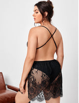Women Plus Size H Floral Lace Transparent Mesh Babydoll-3